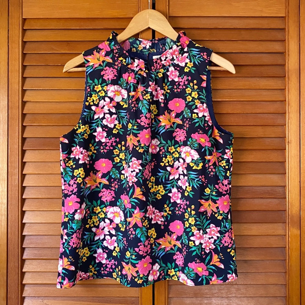 J Crew Top Women's Size Medium Floral Sleeveless Ruffled Neck Colorful Lined